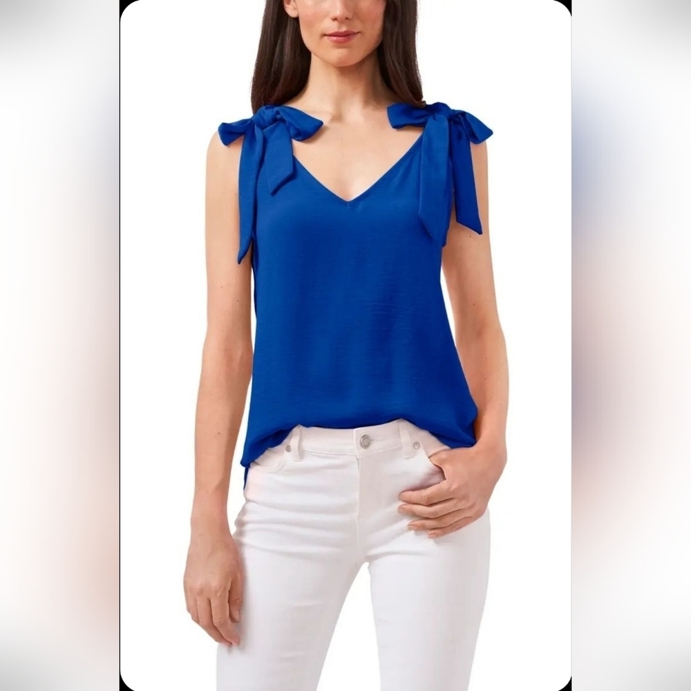 Vince Camuto Blue Bow Trim camisole Sleveless V-Neck Tank Top Blouse Sz XS